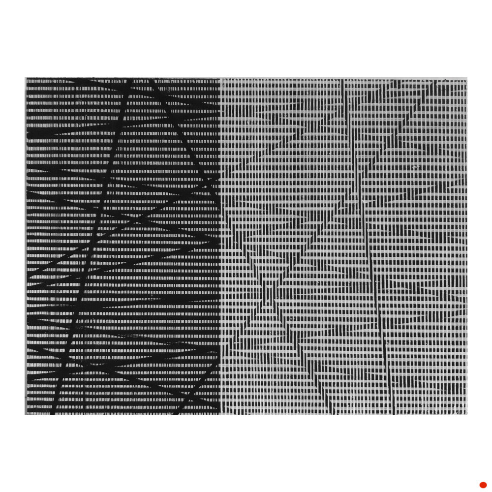 second part of a diptych, an abstract drawing with many lines, partly black, partly white.