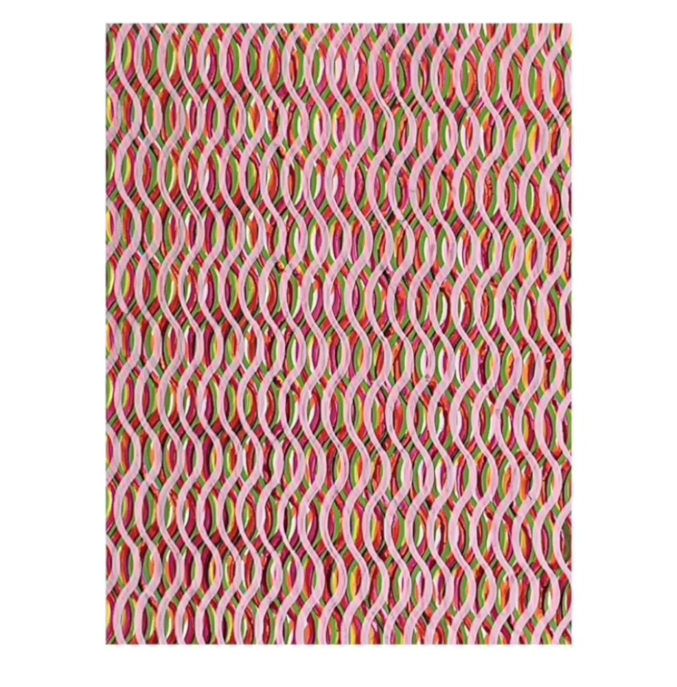 Orange Pink Yellow Green Pink Pink This drawing has many coloured layers and no focus point. It provides the possibility to stand still and let the work slowly reveal its layers.