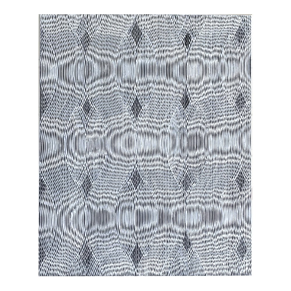 Een zwart wit tekning met markers op doek.  Geheel bestaand uit lijnen die een spannend Moiré patroon vormen.